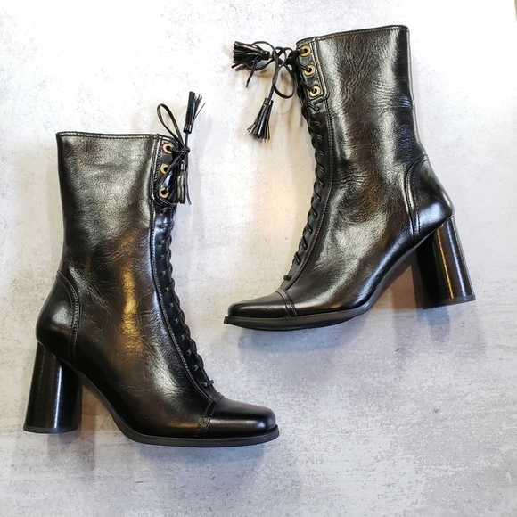 Jeffrey Campbell Hunt Lace Up Heel Leather Mid Boots Black SZ 8 - Picture 2 of 6